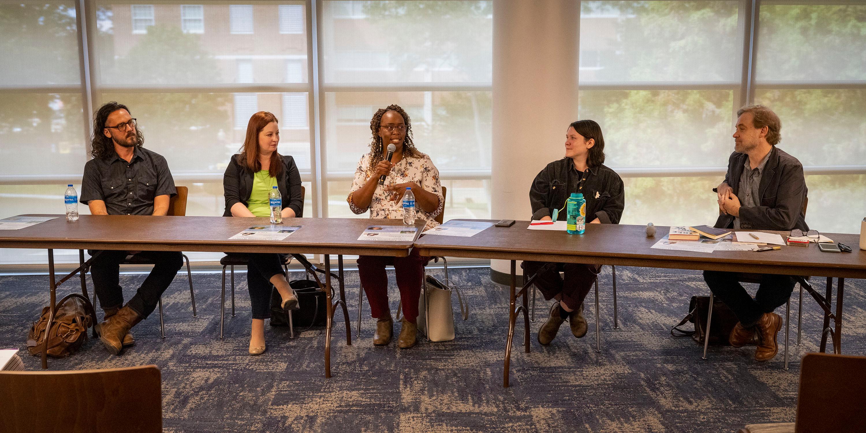 Three Emerging Writers Roundtable featuring Caleb Johnson, Karen Babine, and Valerie Smith, moderated by Lacy Snapp and Dr. Jesse Graves.