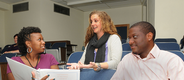 Faculty member discusses project with two students