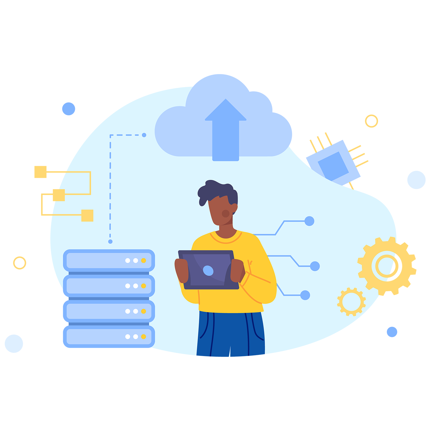 Info systems graphic of a person with a tablet and a server nearby.