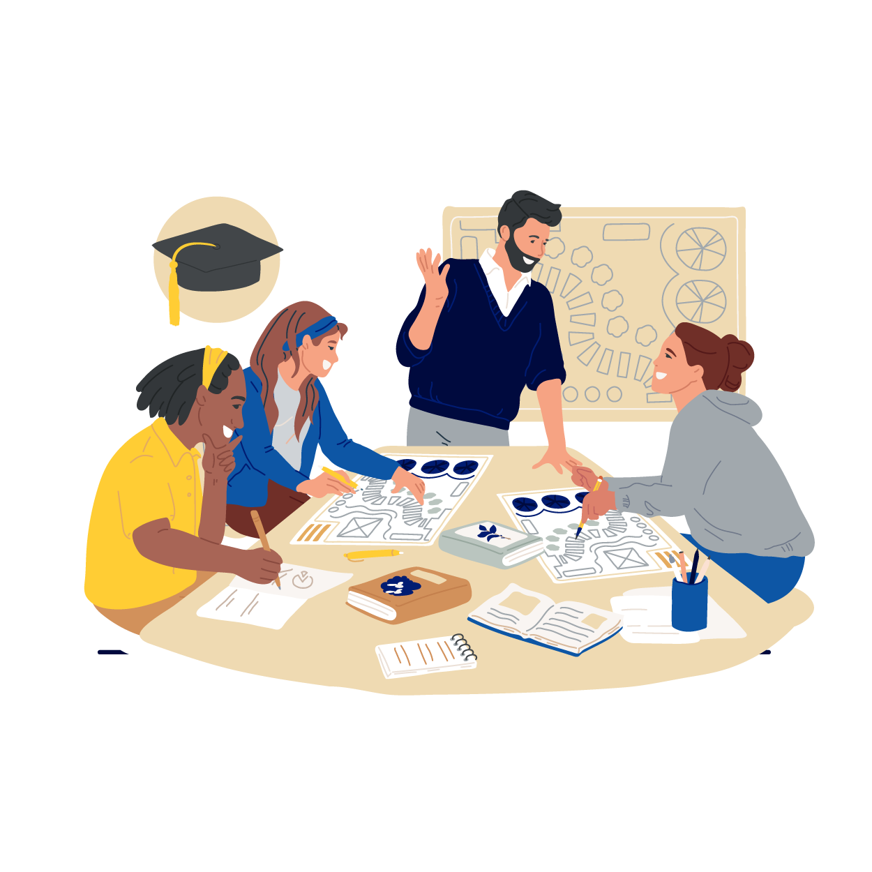 Illustration of a group working on a project together