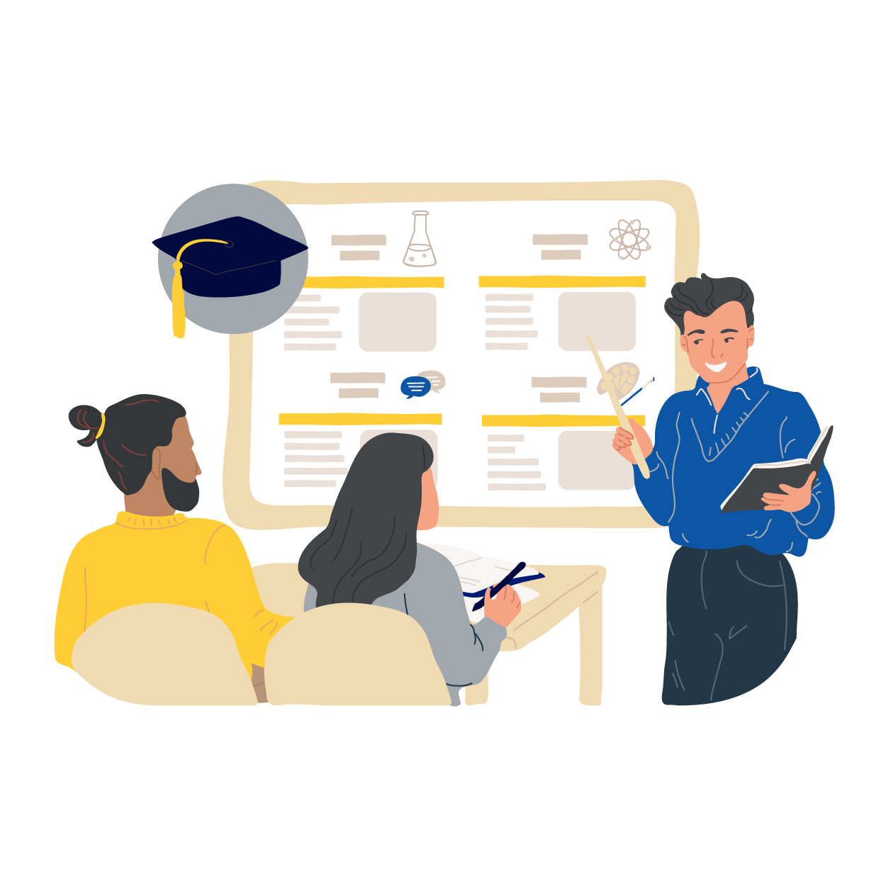 Illustration of a teacher at the front of a classroom teaching a lesson