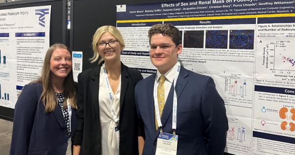 Quillen Medical Students Suzanna Camp (left), Blakeley Griffin (center), and Patrick Means (right) pictured with their presentation poster titled “Effects of Sex and Renal Mass on Podocyte Density in Rats” at the 2024 American Society of Nephrology Meeting in San Diego, CA.