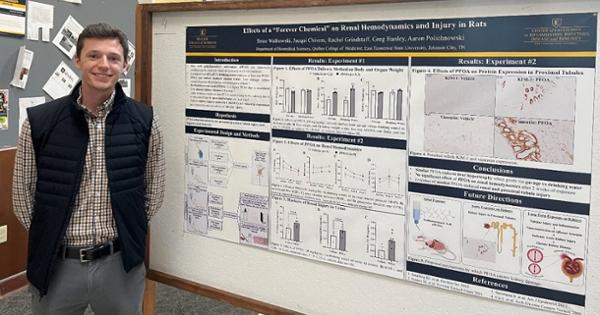 Quillen Medical Student Brice Walkowski pictured with his outstanding research poster titled “Effects of a Forever Chemical on Renal Hemodynamics and Injury in Rats” at the 2024 Quillen Medical Student Research Symposium.
