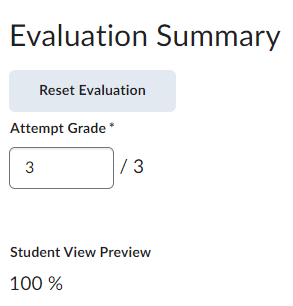 Grading Feedback options for an attempt (reset evaluation, attempt grade, and student view preview)