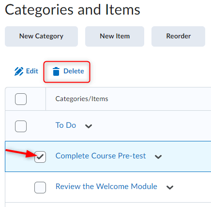 The Edit Checklist page with an item selected and the delete option highlighted