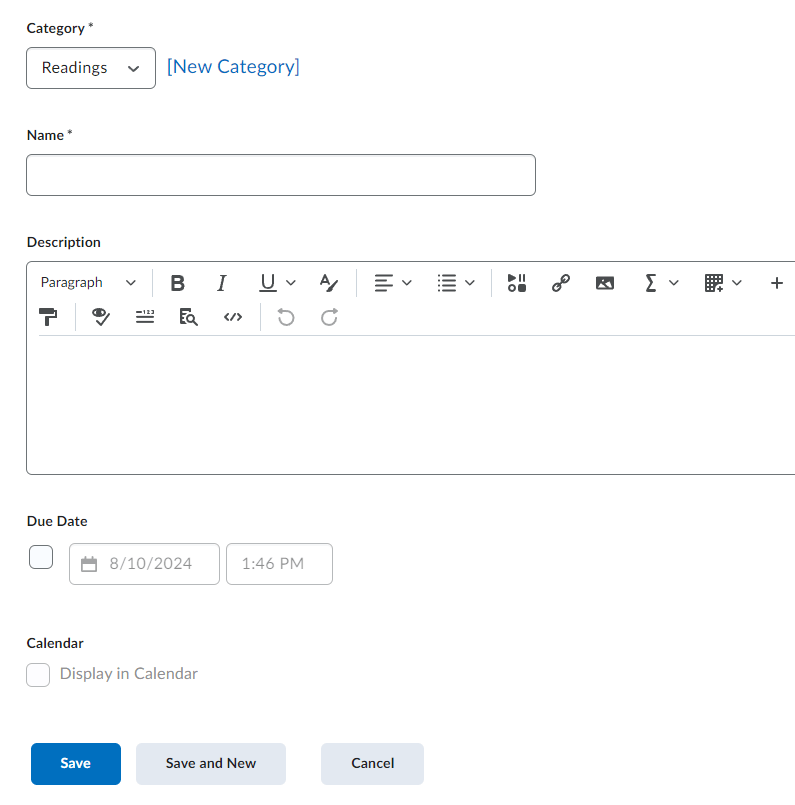 The new item page for a checklist