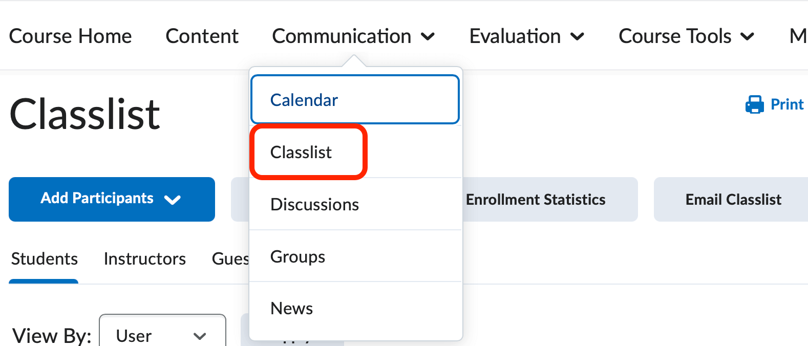 The classlist tool in the default course nav bar