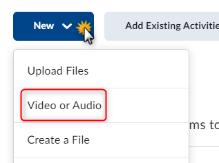 The add new field with video or audio option selected