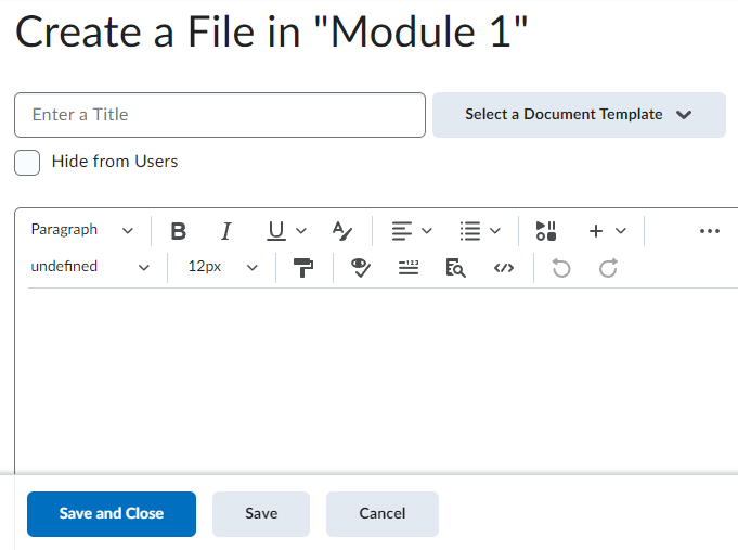 The create a file field with a title, text box, and save and close options
