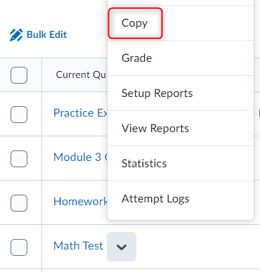 The dropdown menu for a quiz with copy selected
