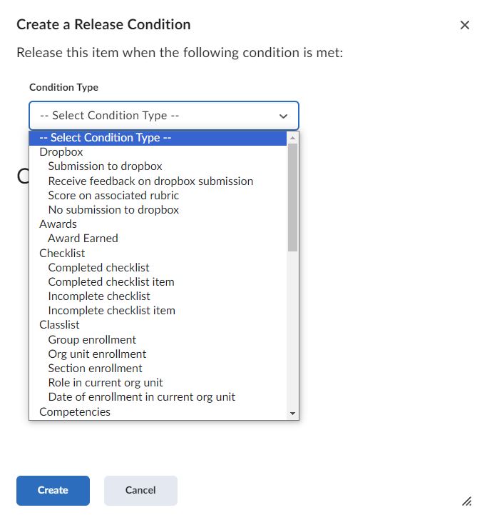 The Create a Relase Condition popup window with the condition type dropdown menu expanded.