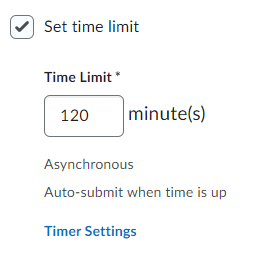 The set time limit options in the timing and display section of the Edit Quiz Page.