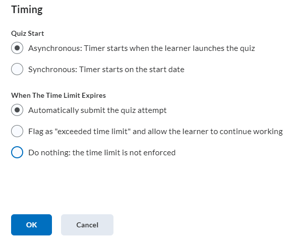 The quiz timing options: quiz start (asynchronous or synchronous) and action when the time limit expires