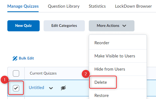 The more actions button for a quiz and delete selected