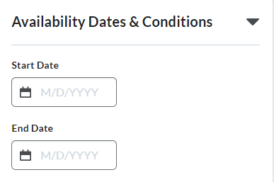 The Start and End Dates in the availability dates and conditions section of the Edit Quiz Page.