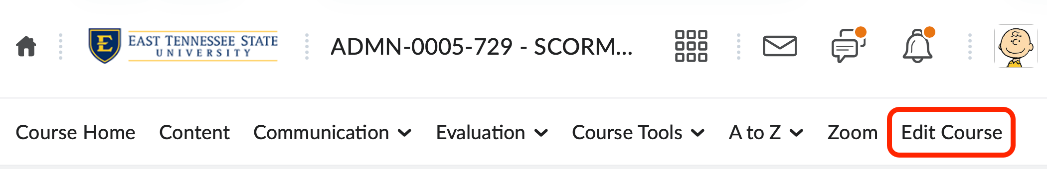 The course navebar with edit course link highlighted