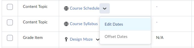 An individual item's context menu on the manage dates screen