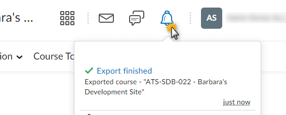 The update alerts icon with the export finished message available to download the file.