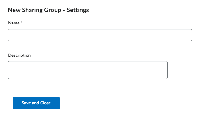 The New Sharing Group page with the Name, Description and Show Advanced Sharing Options fields displayed.