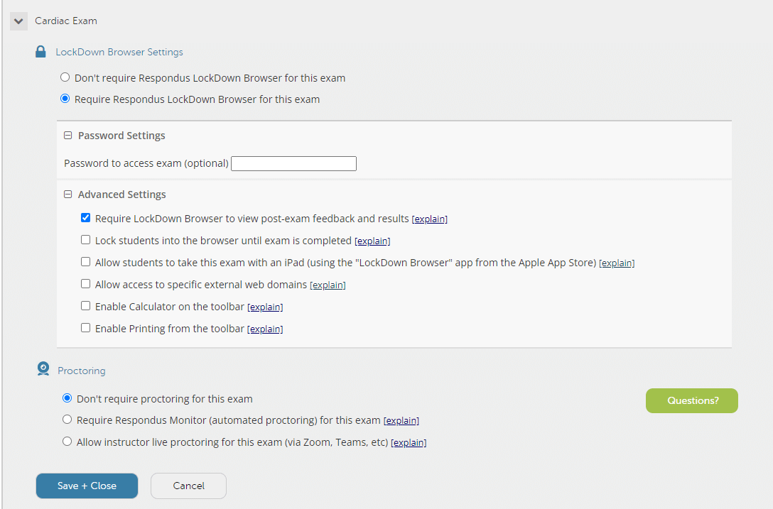 The advanced lockdown browser settings expanded to select the desired options.