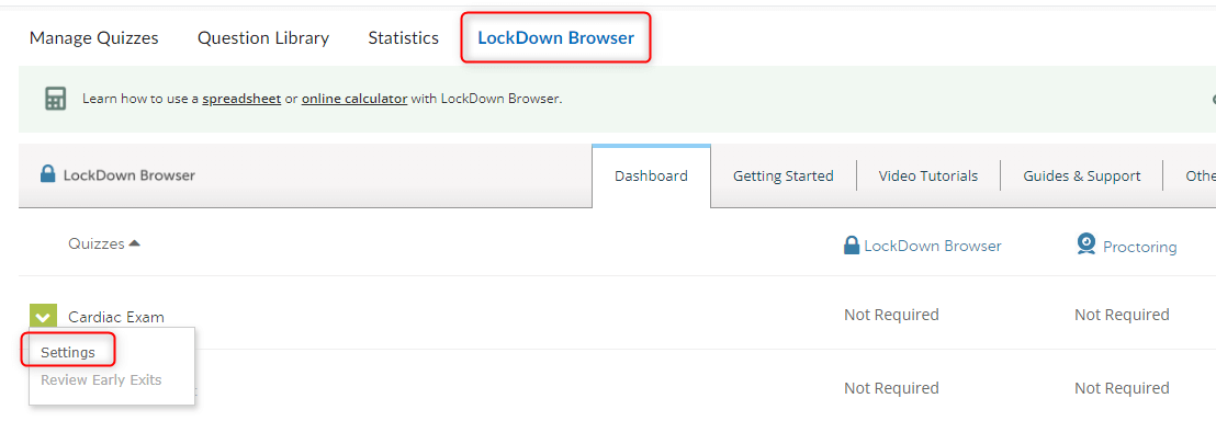 The lockdown browser tab with the settings highlighted