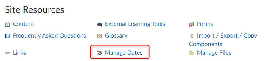 The edit course menu with the manage dates tool circled.