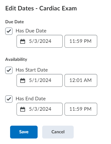 The Edit Dates screen for an item