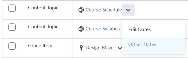 An individual item's context menu on the manage dates screen