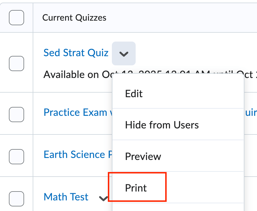 Click the dropdown arrow next to the quiz and select print