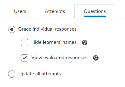 The grade individual reponses option and the hide learners' names option