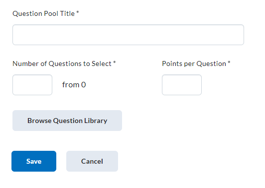 The new question pool page with the question pool title, number of questions to select, and points per question