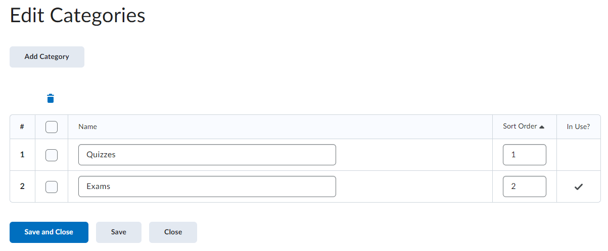 The edit categories page with the add category button and the new category name