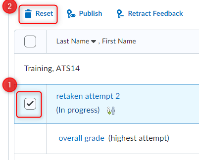 The attempts table for attempts in progress with an attempt checked and the reset icon highlighted