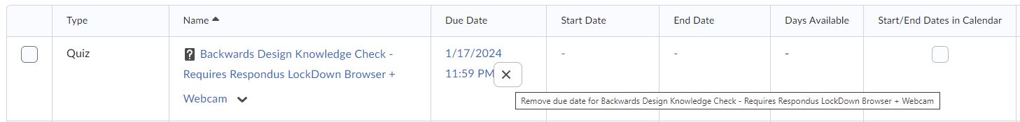 The red (x) on the editing table that will move an item's date