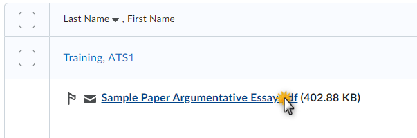 The folder submissions page of the dropbox with the student's submission's file name selected