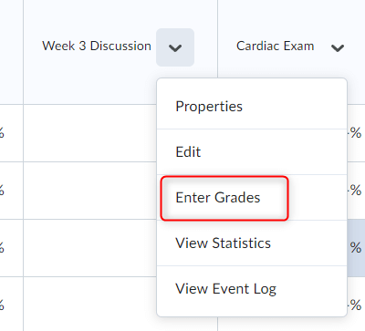 The enter grades - grade item context menu which lists the following in order: edit grade item, enter grades (selected), view statistics, event log