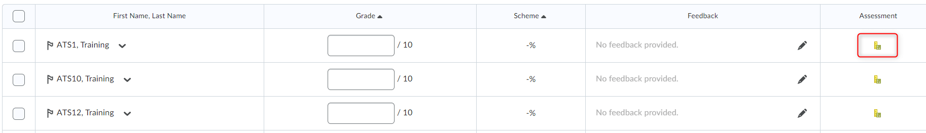 A student's row within a grade item, includes a table with the following headings: first name/last name, grade, weighted grade, scheme, feedback, and assessment(selected).