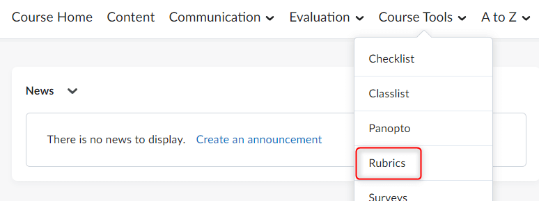 The default course navigation menu with the course tools submenu expanded and rubrics tool selected.