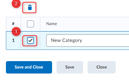 The edit categories page with a category selected and the trashcan icon highlighted