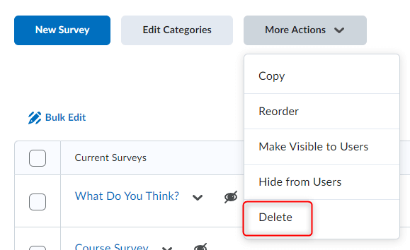 The more actions button on the manage surveys screen with delete selected.