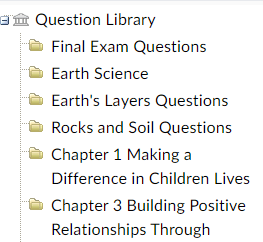 The left menu within the question library