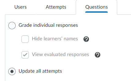 The grade quiz questions tab with update all attempts selected