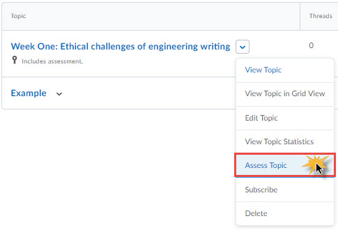 Image of the topic context menu (view topic, edit topic, view topic statistics, assess topic, unsubscribe, and delete)