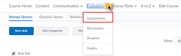 The default course navigation bar with the assessments tool selected