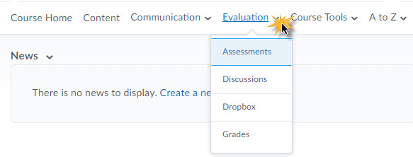 The default course navigation bar with the Evaluation link group expanded and the Assessments tool highlighted