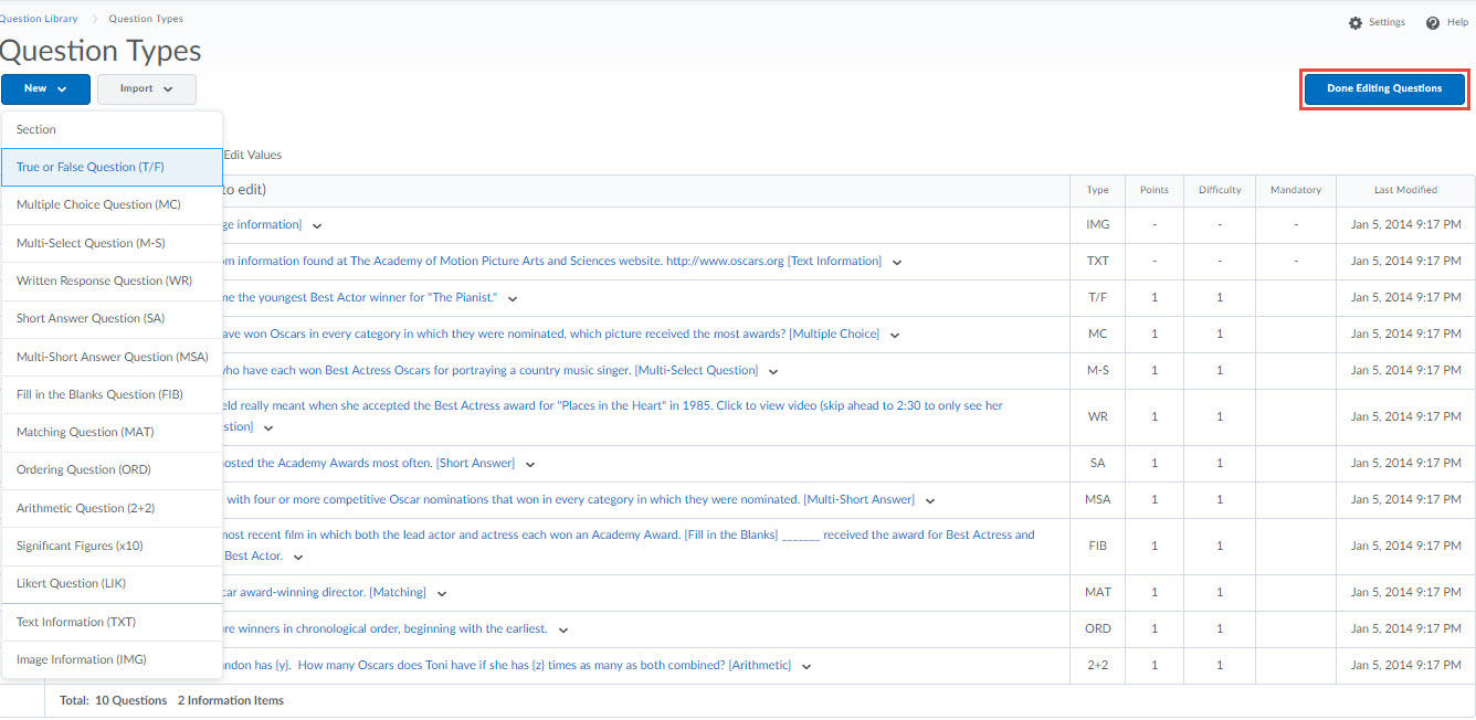 An example of a filled question library 