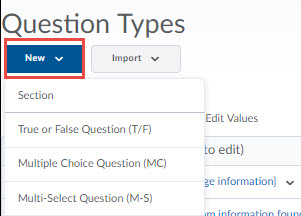 The new button expanded in the question library with question types listed