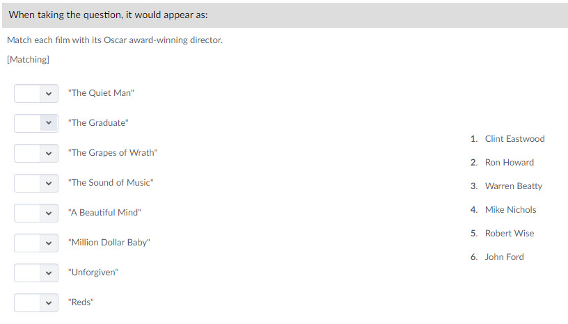 Example of a matching question