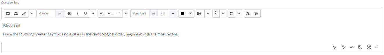 The question textbox for an ordering question