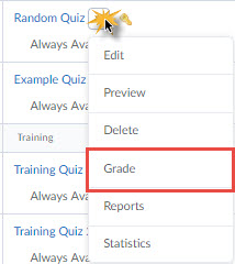 The quiz context menu with the grade option selected